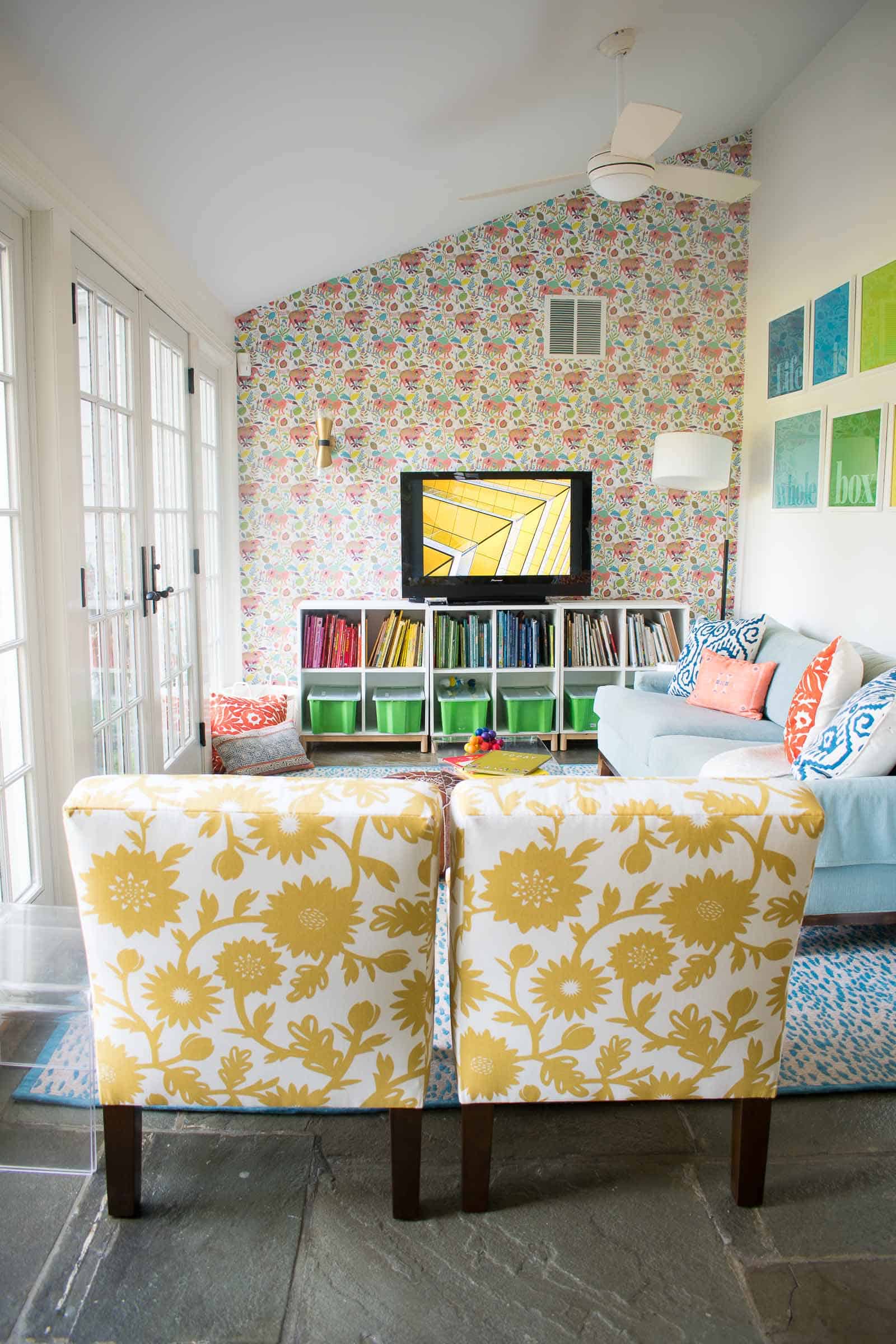 yellow patterned slipper chairs