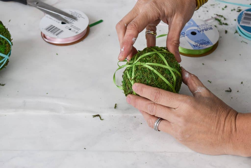 wrap moss with colorful ribbon