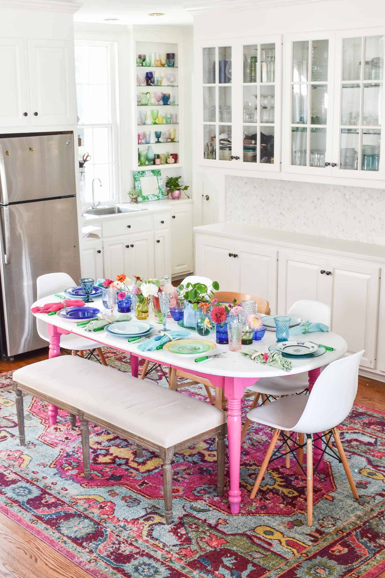 rainbow tablescape with colored glass