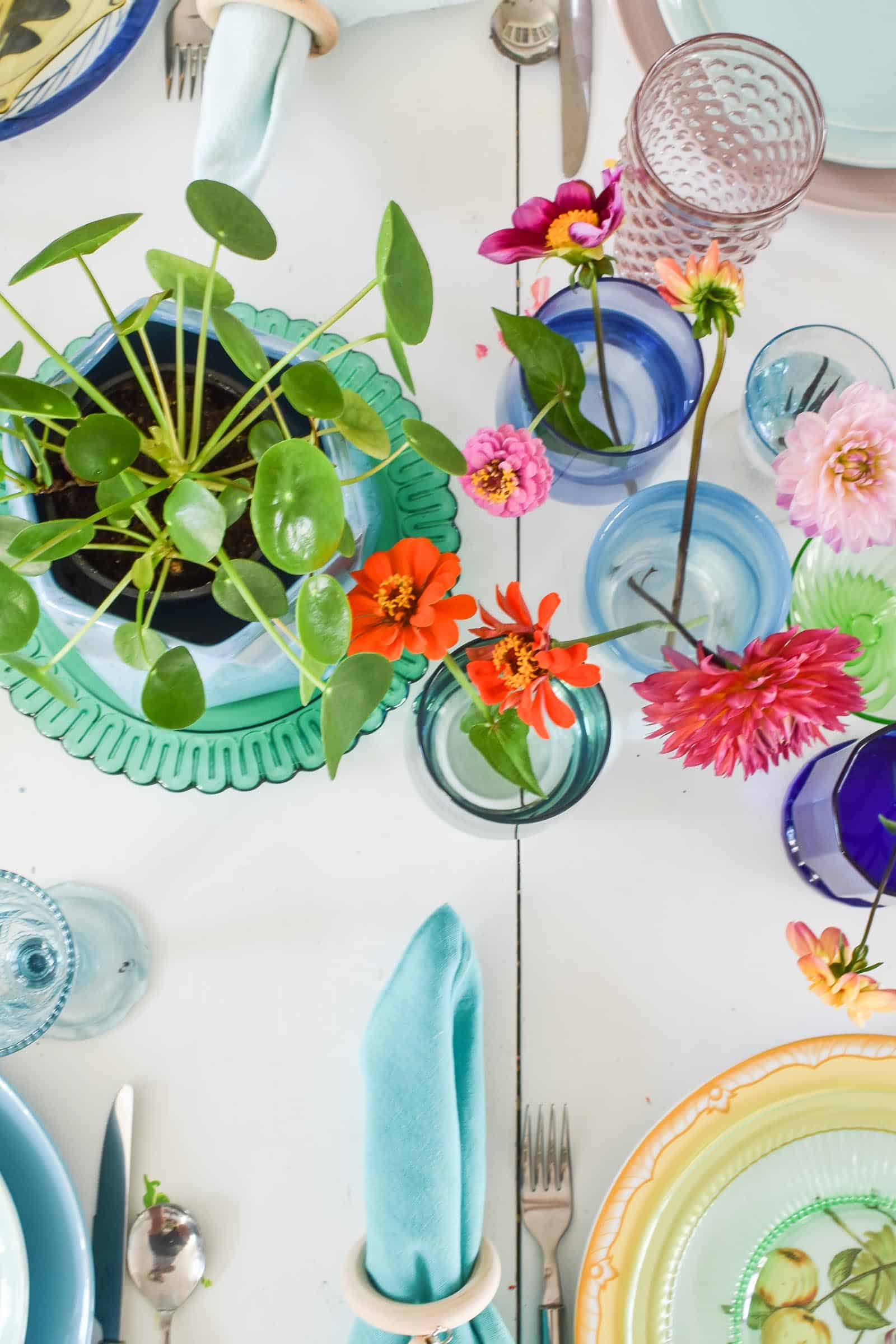 rainbow tablescape with colored glass